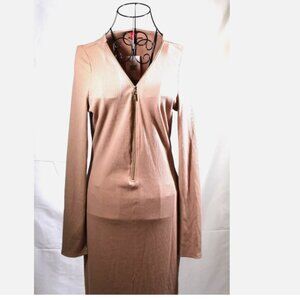 Brown Tan Long Sleeve Dress NWT Guess Zip Front XL Stretchy Ribbed Rayon Blend